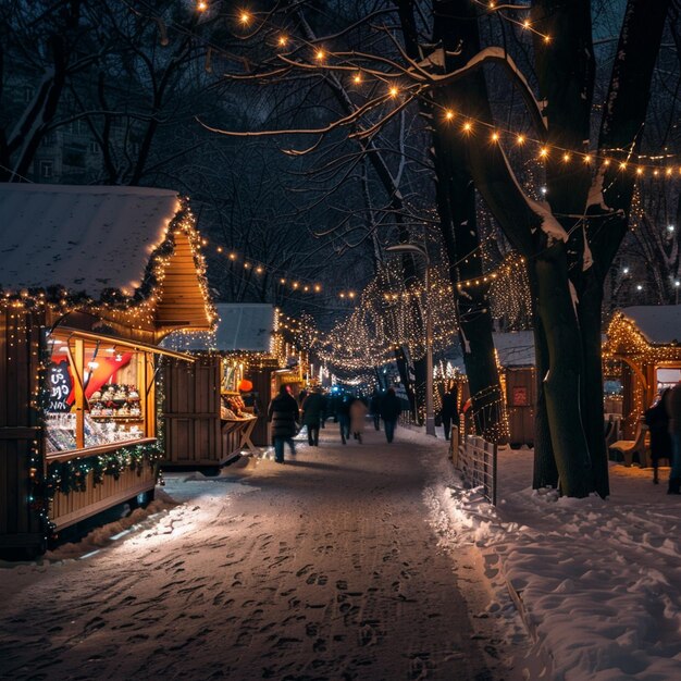 Winterkerstmarkt feestelijke illustratie Sneeuwbedekte straat met kerstverlichting