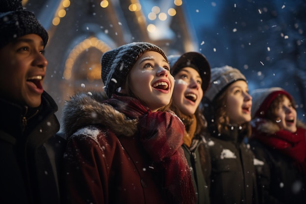 Winterkerstmis zingende mensen voor de kerk