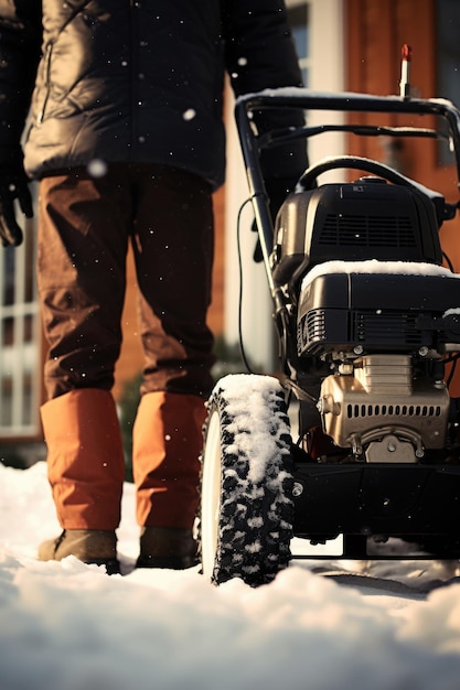 Winterklusjes in landhuis Man gebruikt sneeuwschuiver om pad vrij te maken van diepe sneeuw op de binnenplaats van woongebouw na sneeuwval