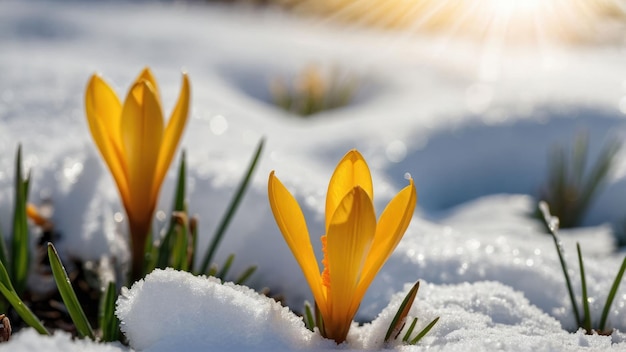 Winterkrokussen bloeien in de sneeuw