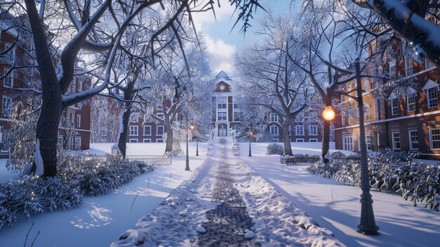 Winterland Wonderland Snowy Street met klokkentoren op de achtergrond