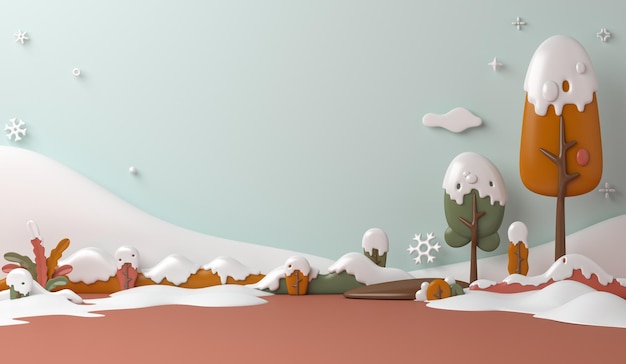 Winterlandschap achtergrond met sneeuw, bomen 3d cartoon stijl