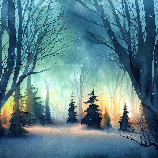 Winterlandschap aquarel illustratie koude besneeuwde natuur achtergrond kerstvakantie seizoen briefkaart kleurrijk bos hand getekend behang