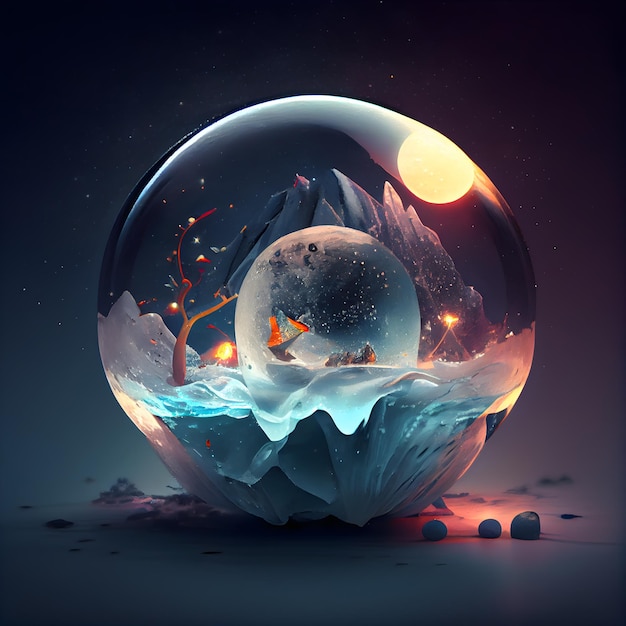 Winterlandschap in een kristallen bol 3D-rendering Computer digitale tekening