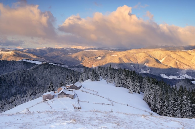 Winterlandschap met bergdorpjes. Houten huizen op een besneeuwde weide. Karpaten, Oekraïne, Europa