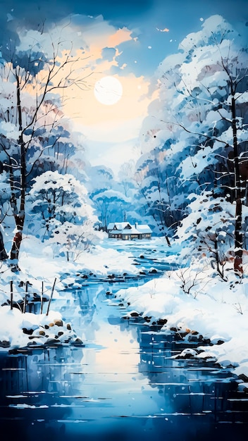 Winterlandschap met besneeuwde bossen en rivier Digitale kunst schilderij Kerstlandschap