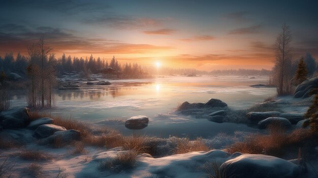 Winterlandschap met bevroren rivier en bos aan de horizon bij zonsopgang generatieve ai