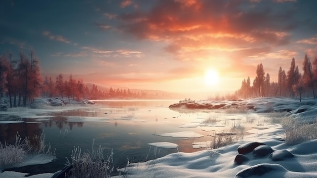 Winterlandschap met bevroren rivier en bos aan de horizon bij zonsopgang generatieve ai