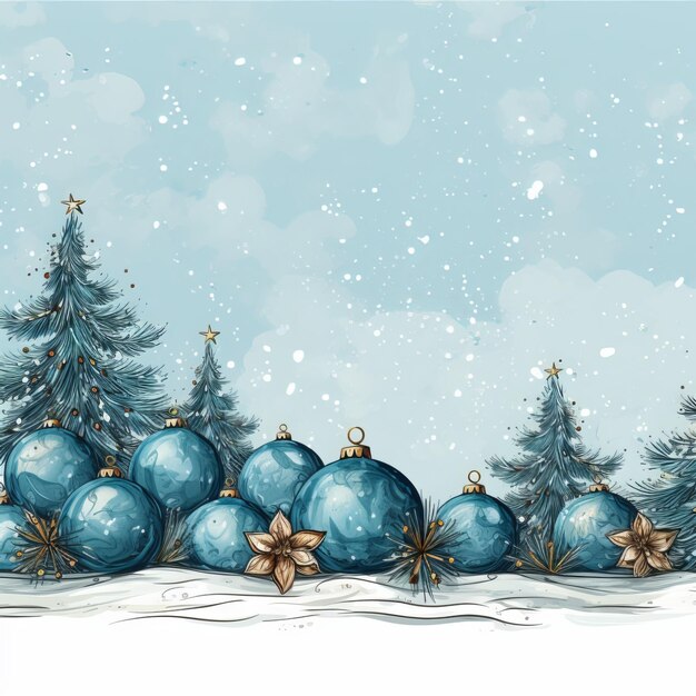 Winterlandschap met blauwe kerstballen en dennenbomen