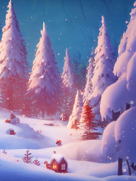 winterlandschap met bomen, digitaal schilderen.