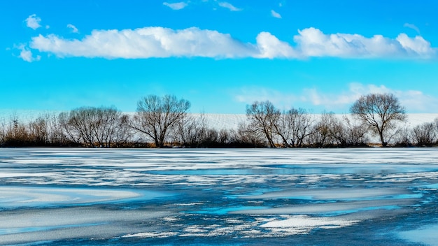 Winterlandschap met bomen in de buurt van de met ijs bedekte rivier