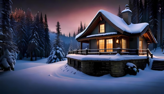 Winterlandschap met bos en huis in de sneeuw bij zonsondergang