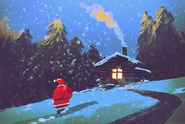 Foto winterlandschap met de kerstman en houten huis in de kerstnacht, illustratie schilderij