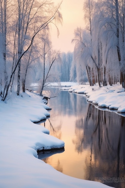 winterlandschap met een rivier en bomen bedekt met sneeuw