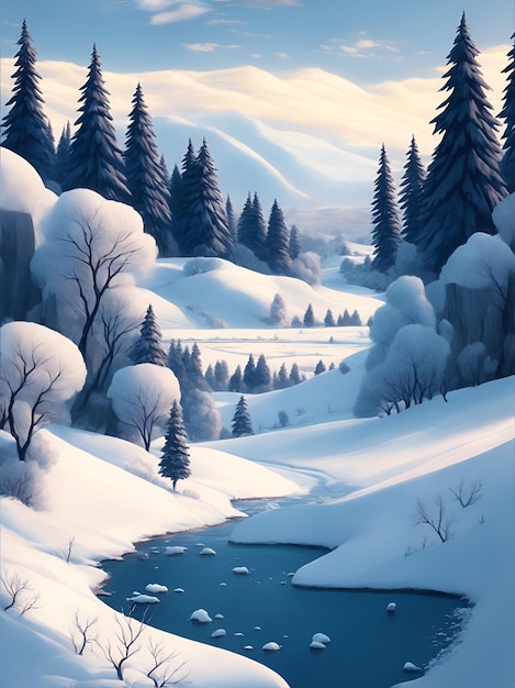 Winterlandschap met een rivier op de vlakte bomen in de buurt van de rivier en bergen in de verte illustratie tekening AI generatie