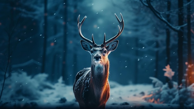Foto winterlandschap met herten in het bos's nachts op de achtergrond