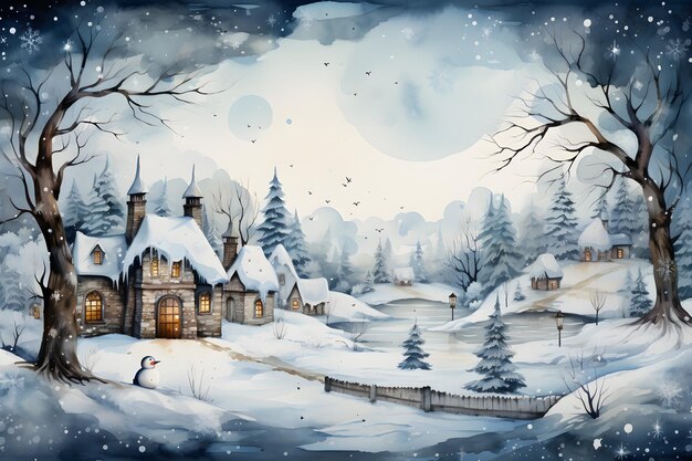 Winterlandschap met houten huizen bomen en sneeuwvlokken Illustratie met kopie ruimte