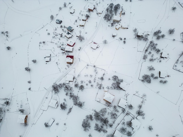 Winterlandschap met kleine dorpshuizen tussen besneeuwde bossen in de koude bergen Giresun, Turkije