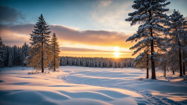 Winterlandschap met met sneeuw bedekt dennenbos en schilderachtige hemel bij zonsondergang