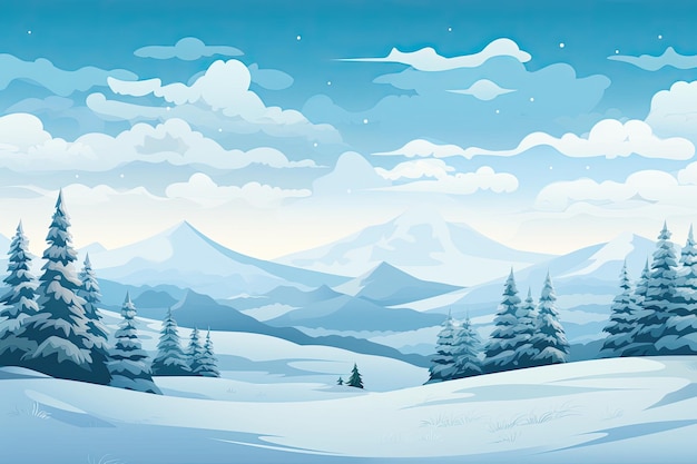 Winterlandschap met met sneeuw bedekte bomen blauwe lichte tonen kerst achtergrond Generatieve AI