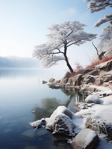 Winterlandschap met met sneeuw bedekte bomen en blauwe hemel