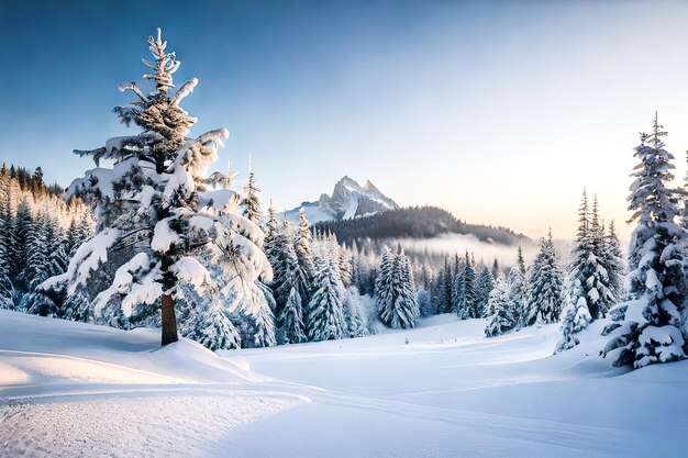 Winterlandschap met met sneeuw bedekte bomen