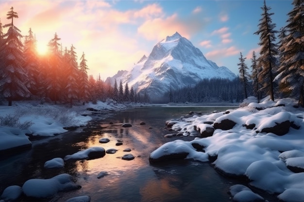 Winterlandschap met met sneeuw bedekte rotsen fjord's nachts bevroren kust bij kleurrijke zonsondergang in de Lofoten eilanden Noorwegen Sneeuwbergen ijs reflectie in water paarse lucht generatieve ai