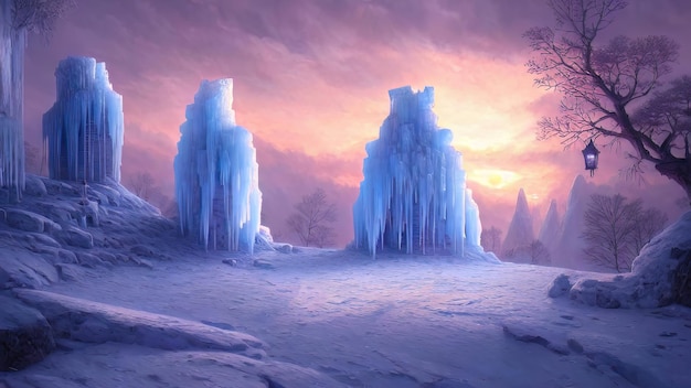 Winterlandschap met neon zonsondergang Grote blokken ijs bevroren bomen Fantasie winter besneeuwd landschap Bevroren natuur 3D illustratie