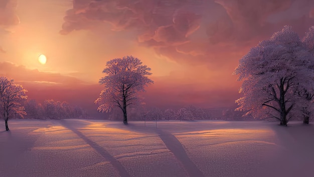 Winterlandschap met neonzonsondergang Besneeuwde vlakke vallei Gekleurd winterlandschap Frosty zonsondergang in de winter 3D illustratie