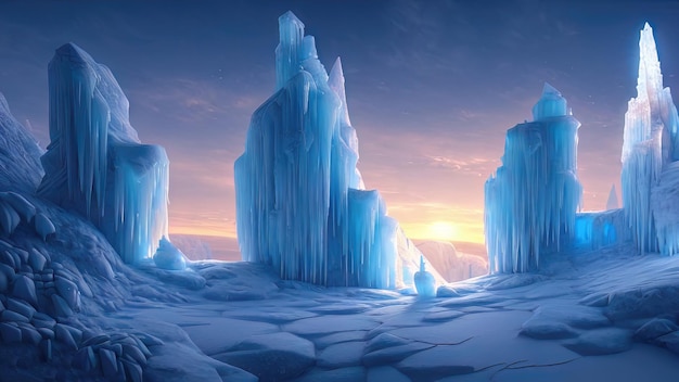 Winterlandschap met neonzonsondergang Grote blokken ijs bevroren bomen Fantasie wintersneeuwlandschap Bevroren natuur 3D illustratie