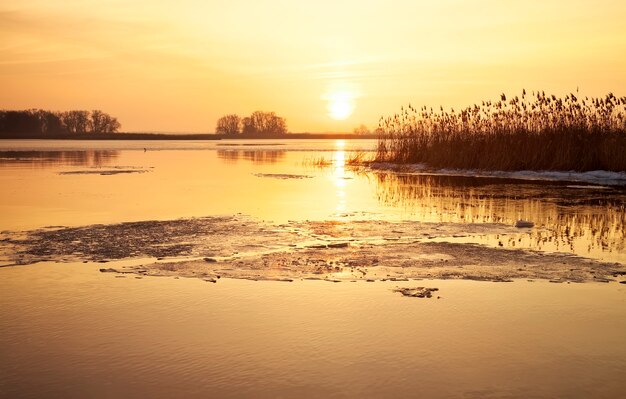 Winterlandschap met rivier, riet en avondrood. Prachtig winterlandschap. Samenstelling van de natuur.