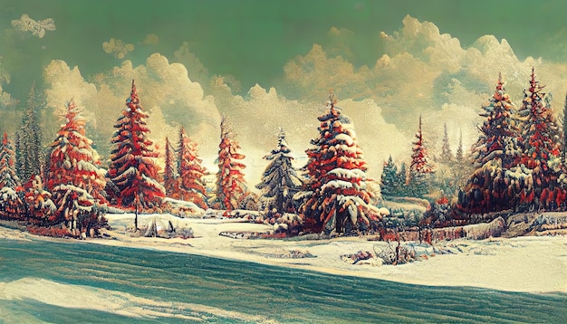 Winterlandschap met sneeuw en sparren als vintage kerstbehang