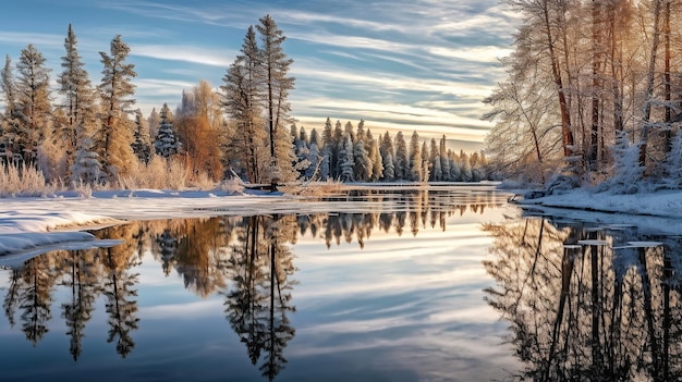 Winterlandschap met weerspiegeling in het water Generatieve AI