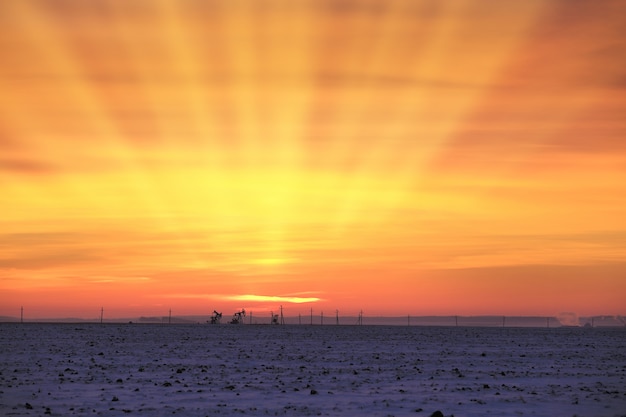 Foto winterlandschap scharlaken avondrood boven een veld