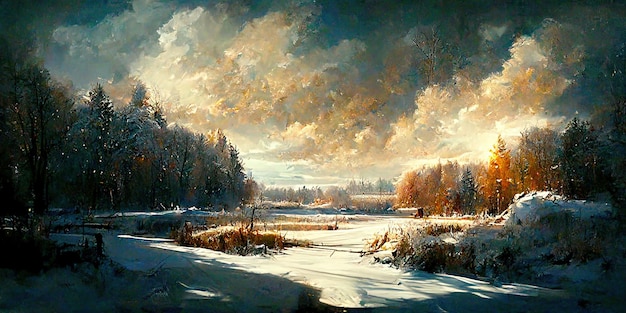 Winterlandschap schilderij achtergrond. Winterlandschap. Digitale afbeelding. Schilderen