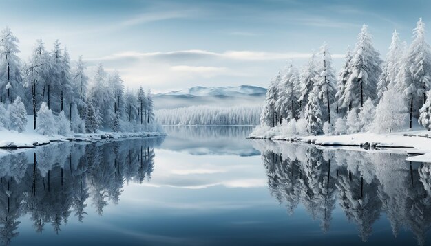 Foto winterlandschap sneeuwbedekte bergen reflecteren in rustige ijzige wateren gegenereerd door ai