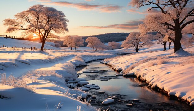 Winterlandschap sneeuwbedekte boom in rustig bos bij zonsondergang gegenereerd door AI