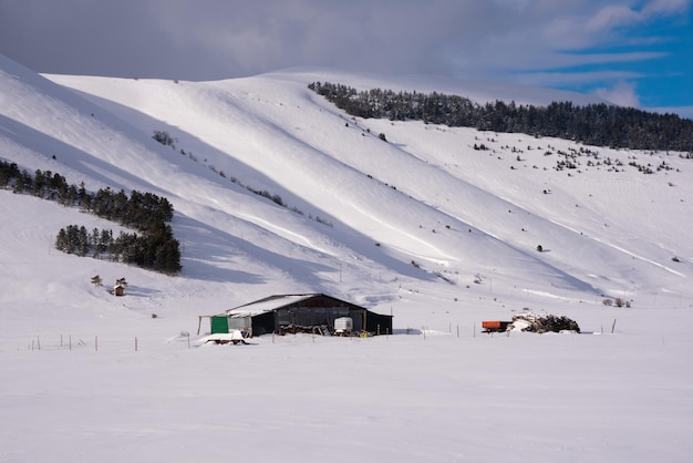 Winterlandschap vallei en heuvels bedekt met sneeuw op zonnige dag