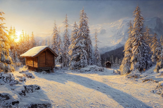 Winterlandschap van houten hut met sneeuw in het winterseizoen
