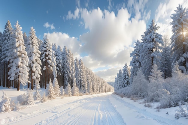 Winterlandschap winterbos winterweg en bomen bedekt met sneeuw Duitsland panoramische opname