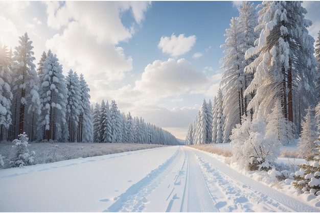 Winterlandschap winterbos winterweg en bomen bedekt met sneeuw Duitsland panoramische opname