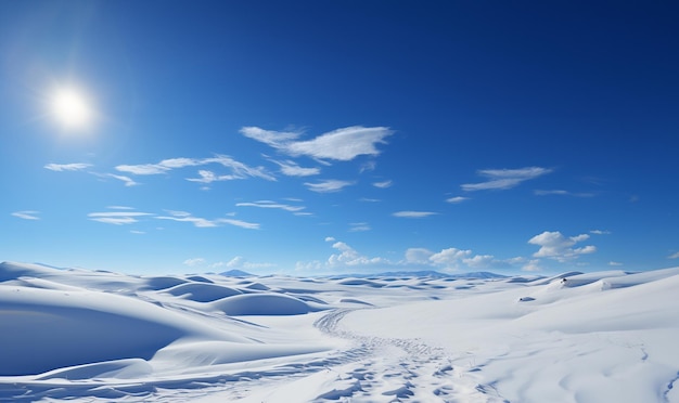 Winterlandschappenzon in blauwe lucht en verse witte sneeuw met kopieerruimte voor tekst