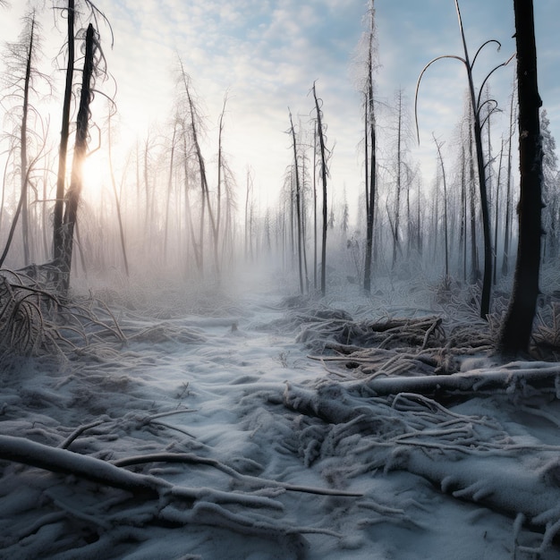 Winterlicht Een dystopisch landschap van een verbrand bos