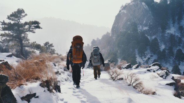 Foto winterlust backpackers omarmen avontuur in sneeuwrijke bergen