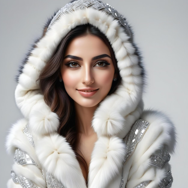 Wintermode Portret van een mooie jonge brunette vrouw in een witte bontjas