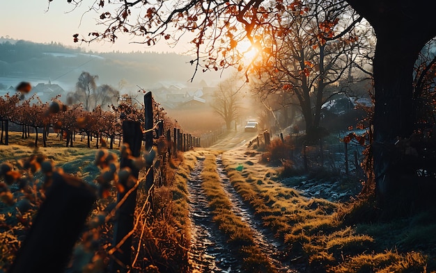 Wintermorgen in velden en wijngaarden met de zon die opkomt uit de as