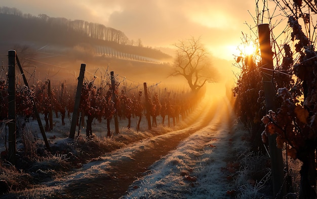 Wintermorgen in velden en wijngaarden met de zon die opkomt uit de as