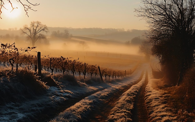 Wintermorgen in velden en wijngaarden met de zon die opkomt uit de as
