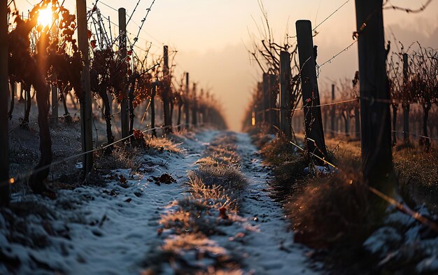 Wintermorgen in velden en wijngaarden met de zon die opkomt uit de as