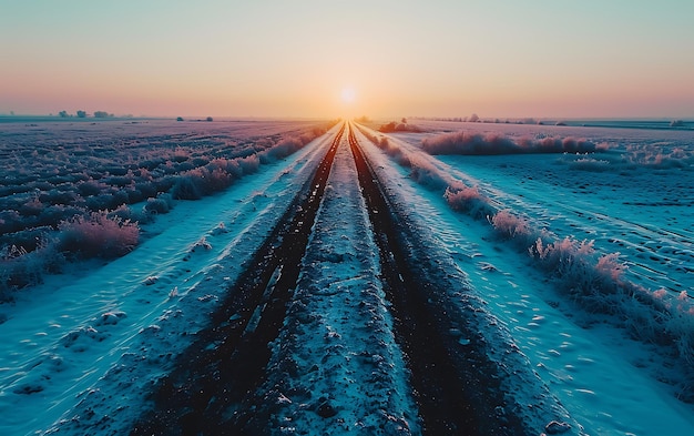 Wintermorgen in velden en wijngaarden met de zon die opkomt uit de as